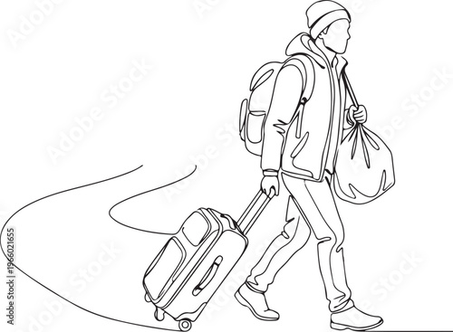 Simple Line Art Refugee with Luggage Travel and Displacement Concept Minimalist Human Figure Illustration
