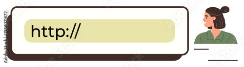 Internet navigation, online identity, website access, user interface, digital interaction, technology. Web address bar with URL placeholder and profile of a woman. Internet navigation and online