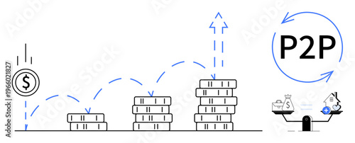 Peer-to-peer concept. Peer-to-peer transactions for financial growth are with money stacks and balance icons. P2P systems simplify investments and savings. Great for fintech, investment