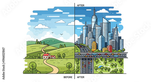 A vibrant illustration contrasts a rural landscape with a modern cityscape showcasing urban development as a dramatic silhouette high quality professional