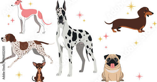 Cartoon Dog Breeds Set with Great Dane, Pug, Dachshund, and More