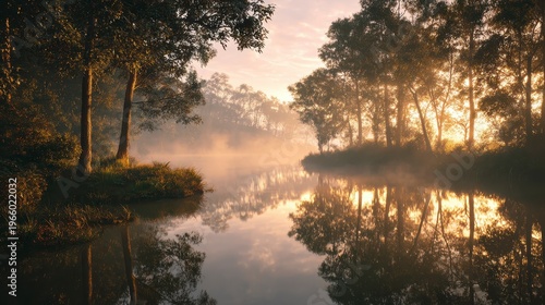 A serene waterscape captures the sunrise, with mist rising from the lake and the trees reflected in the still water