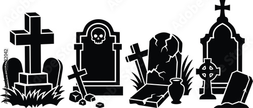 Black and white cemetery scene with cracked tombstone skull emblem crosses and urn in silhouette