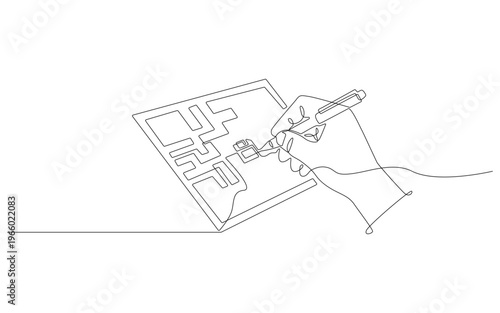Continuous one line drawing Continuous line drawing, hand holding pen, solving maze, puzzle concept, vector illustration