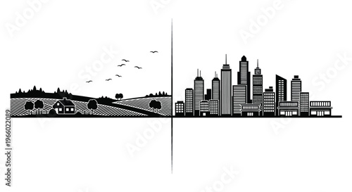 A stark contrast is displayed between rural farmland and a modern city skyline in a bold silhouette high quality professional detailed