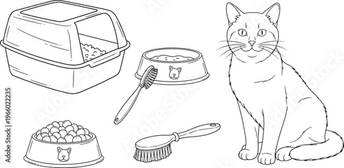 Essential items for caring and feeding a domestic cat Vector