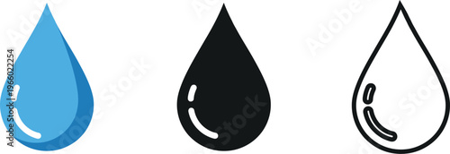 Three water drop variations blue black and outline isolated on transparent background
