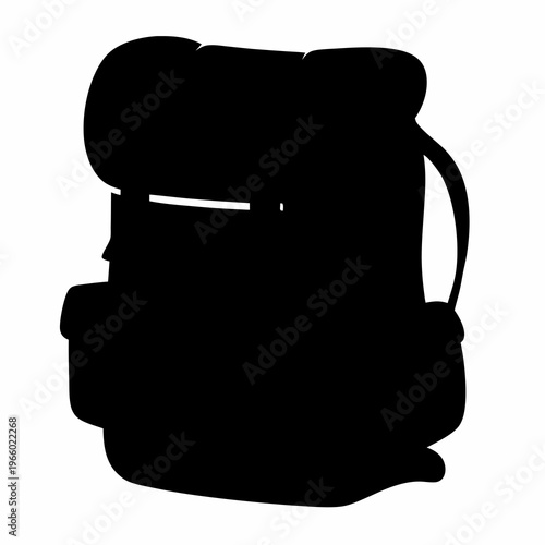 Black silhouette of a classic camping backpack with outer pouches and straps