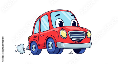 Smiling cartoon red car driving fast.