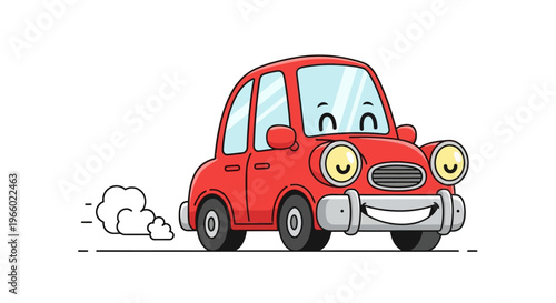 Smiling Red Cartoon Car Driving Fast.