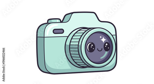 Smiling cartoon camera with lens.