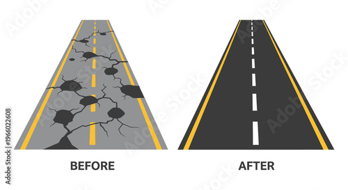 A stark comparison shows a damaged road transforming into a smooth surface visually representing repair and renewal silhouette high quality professional