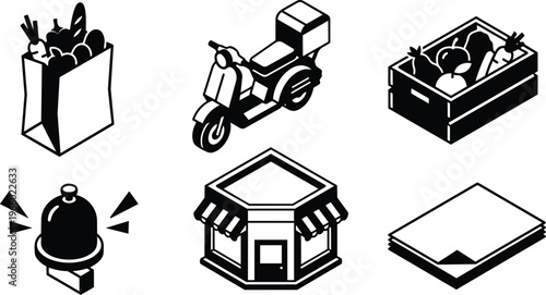 Isometric grocery delivery icon set with scooter bag crate shop bell and napkins