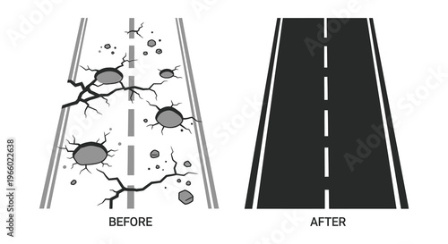 A stark comparison of a damaged road and its repair presented as a contrasting black silhouette high quality professional detailed modern