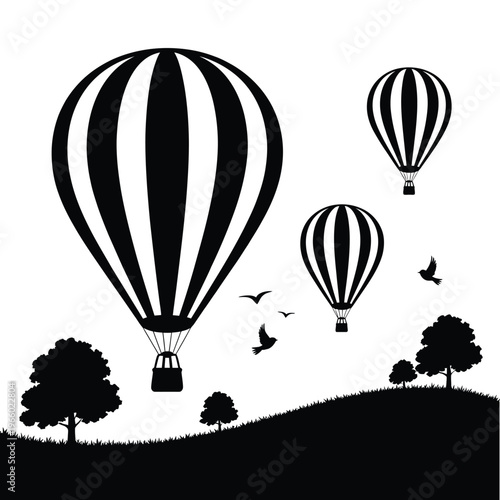 Black and white illustration of hot air balloons over a landscape