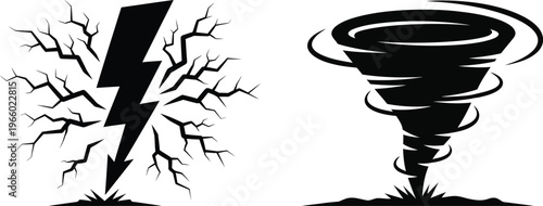 Stylized black lightning bolt and tornado icons representing natural disaster power