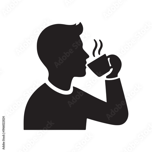 Minimalist black silhouette of man drinking tea vector icon isolated on white