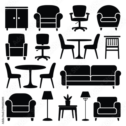 Black silhouettes depicting various furniture items in a simple arrangement