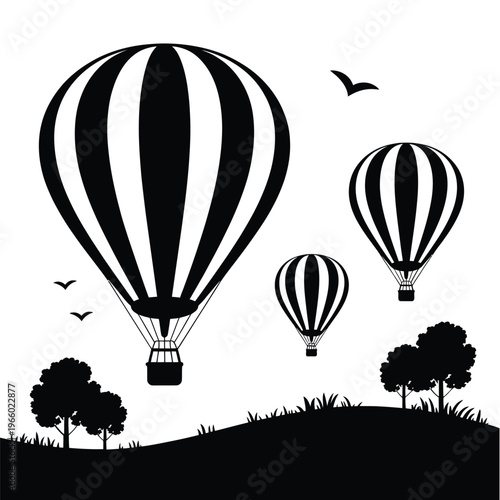 Black and white illustration of hot air balloons over a landscape