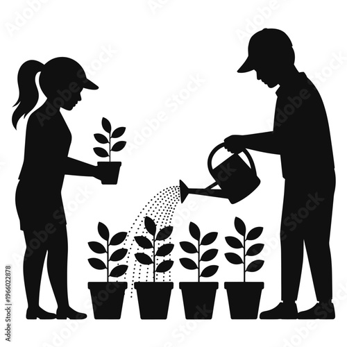 A silhouette of a couple gardening with plants and a watering can