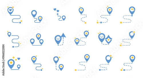 Collection of various blue and yellow location icons and navigation symbols on a white background