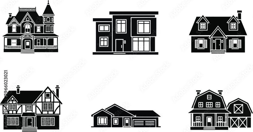 Fototapeta premium Collection of Six Diverse Silhouette Style Houses and Architectural Designs on Transparent Background