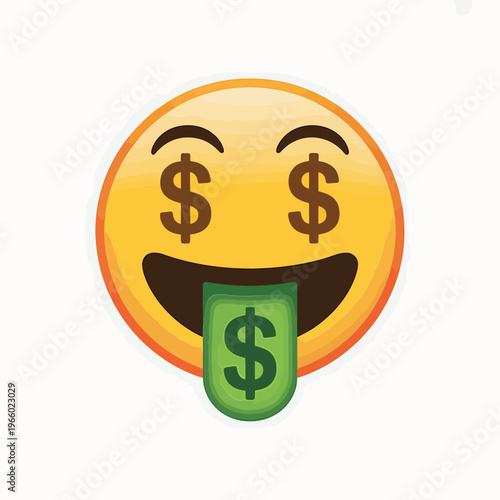 A playful yellow emoji with dollar sign eyes and a money tongue