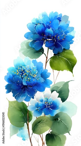 Vibrant Blue Flowers with Leaves in Artistic Watercolor Style