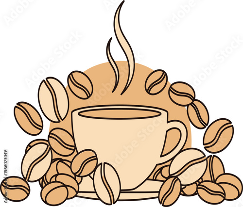 A steaming cup of coffee surrounded by coffee beans on a brown background Vector