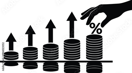 Black and white coin stacks rising arrows and hand placing percent symbol vector art