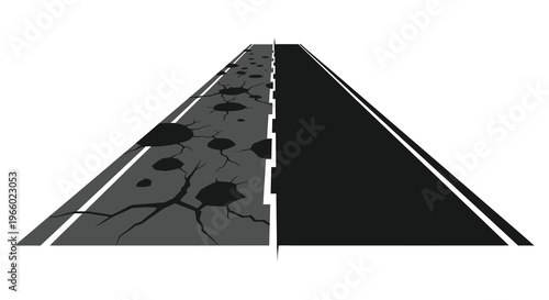 A cracked road extends into the distance sharply divided between damage and pristine condition a striking silhouette high quality professional detailed