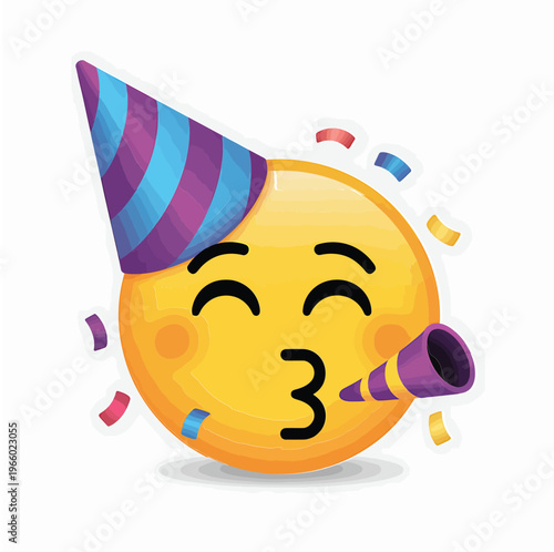 Festive yellow emoji wearing a party hat and blowing a kiss