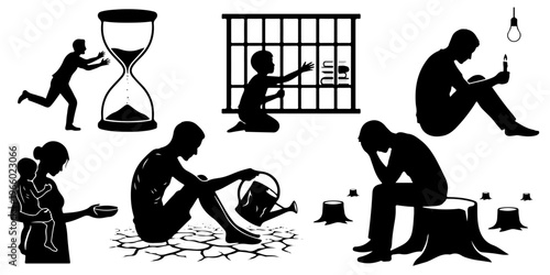 Global social and environmental issues silhouettes set. Poverty, hunger, drought, deforestation, and human rights concepts, isolated