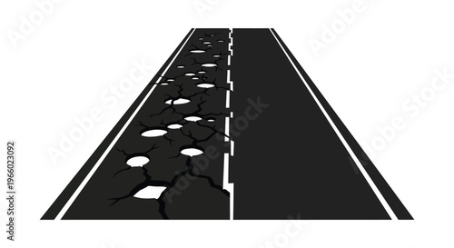 A stark road illustration depicts damage and decay with a fragmented side contrasting a solid one silhouette high quality professional detailed