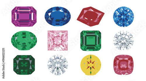 Flat design gemstone icons set with different cuts and colors