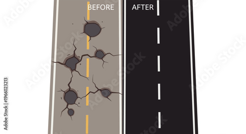 A before and after comparison of a damaged road surface being repaired showcasing a stark visual contrast silhouette high quality professional detailed
