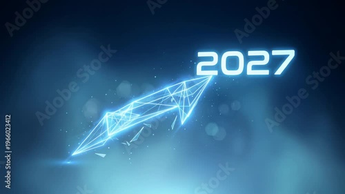 Glowing digital arrow pointing up with 2027 text symbolizing future growth. New Year business progress concept with abstract geometric lines for economic success.