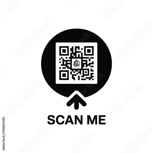 A black circle contains a qr code and arrow with scan me text