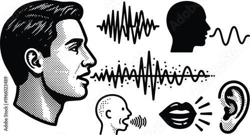 Retro halftone male profile speaking with waveform icons ear lips and mouth line art