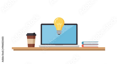 Flat illustration of office desk with laptop and books.