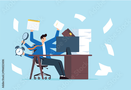 Workaholic businessman overworked on his office desk with paper works