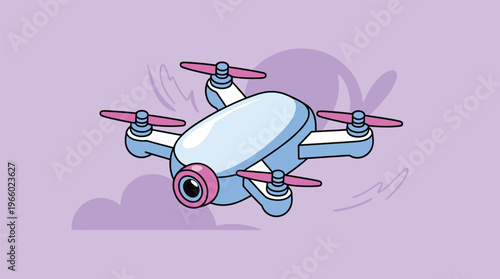 A stylized quadcopter drone with a front-mounted camera in mid-air Vector, illustration
