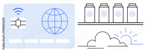 Technology, global communication, artificial intelligence, renewable energy, cloud computing, environmental sustainability. Minimalistic line drawings of a chip, globe and sunrise. Technology