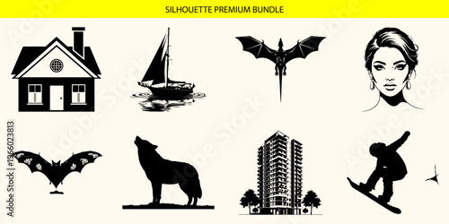 Black silhouettes of various objects and animals
