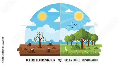 A visual comparison showcases deforestation s impact against forest restoration highlighting environmental contrast in a bold silhouette high quality professional detailed modern