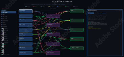 Oil Trade Flow Sankey Diagram Hormuz Strait Closure Geopolitical Disruption Scenario Showing Global Crude Supply Chain Shift Between OPEC Producers and Major Consumer Nations Dark Data Visualization