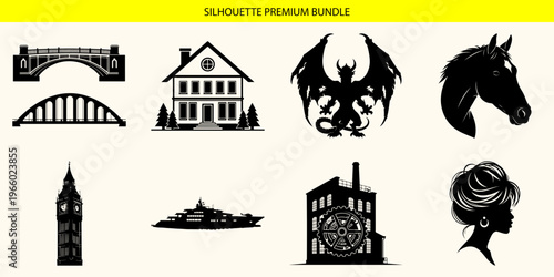 Black silhouettes of various iconic landmarks and creatures