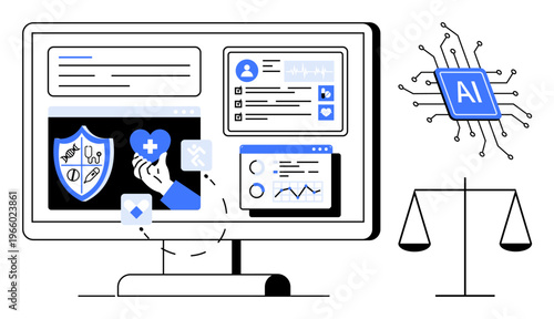 Healthcare innovation, AI ethics, patient data privacy, healthcare analytics, fairness, technology integration. Visual of AI processing, scales of justice diagnostic tools. AI ethics and healthcare