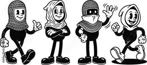 Retro cartoon characters wearing hijab niqab and chainmail in black and white lineup waving