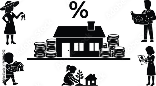 Silhouette house with coin stacks percent sign and people holding keys blueprints and documents vector art